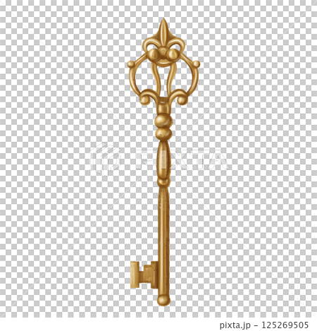 Gold metal antique shiny key for opening locks and doors. Romantic decoration in vintage style, gothic old design. Royal ornaments and jewelry. Handmade illustration on white background 125269505