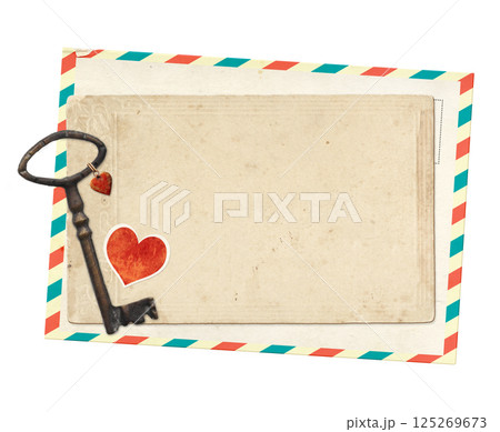 Cute Valentine background with key with a heart pendant, retro postcard on wood board. Backdrop with vintage key, old card on wooden plank. Nostalgic scrapbooking mock up template. Isolated on white Cute Valentine background with key with a heart pendant, retro postcard on wood board. Backdrop with vintage key, old card on wooden plank. Nostalgic scrapbooking mock up template. Isolated on white 125269673
