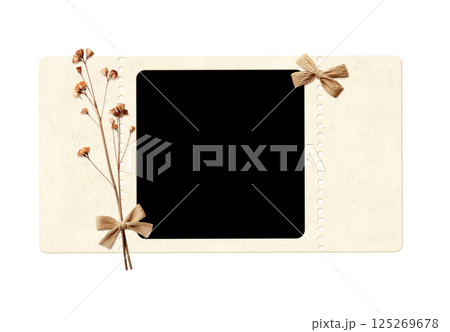 Nostalgic scrapbooking template with moodboard photoframe for scrapbooking. Retro frame photo with dry pressed flowers and linen bow. Vintage style mood board layout. Isolated on white background 125269678