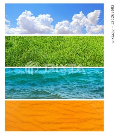 Horizontal nature banners with water, sand, grass and a blue sky with clouds, creating a peaceful scene. Environmentally friendly and conservation-minded environment concept. Copy space for text Horizontal nature banners with water, sand, grass and a blue sky with clouds, creating a peaceful scene. Environmentally friendly and conservation-minded environment concept. Copy space for text 125269692
