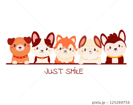 Just smile. Frame with little puppies. Decorative border with five cute dog. Childish print with tiny puppy for t-shirt print, sticker, greeting card design. Vector illustration EPS8 Just smile. Frame with little puppies. Decorative border with five cute dog. Childish print with tiny puppy for t-shirt print, sticker, greeting card design. Vector illustration EPS8 125269758