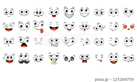 Collection of emoticons with different mood. Set of volumetric cartoon emoji faces in different expressions - happy, sad, cry, fear, crazy. On white background. Vector illustration EPS8 125269759