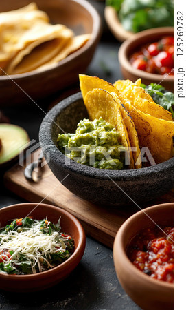 Colorful Mexican food with tacos, guacamole, salsa, and fresh ingredients 125269782