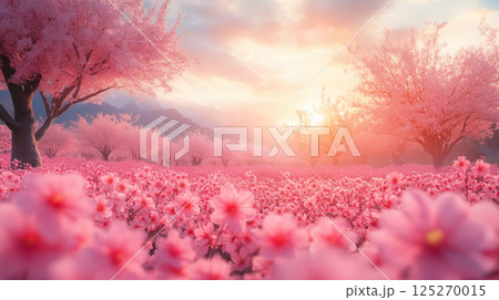 Cherry blossom trees blooming in pink meadow with mountain backdrop at sunset, creating dreamy spring landscape. Concept of seasonal beauty, tranquility, and nature renewal Cherry blossom trees blooming in pink meadow with mountain backdrop at sunset, creating dreamy spring landscape. Concept of seasonal beauty, tranquility, and nature renewal 125270015