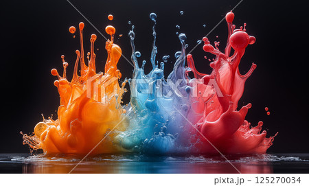 Colorful liquid splashes against black background, concept of creativity and dynamic motion in fluid photography 125270034
