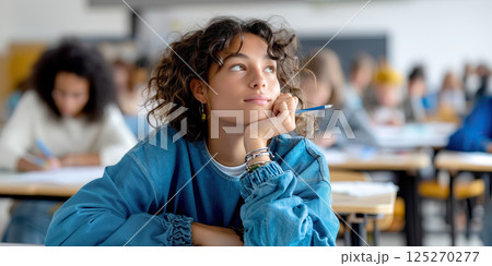 thoughtful student in classroom setting, holding pencil and gazing out while others focus 125270277