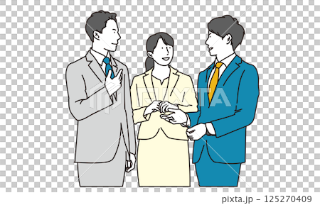 立ち話をする男女のビジネスパーソン 立ち話をする男女のビジネスパーソン 125270409