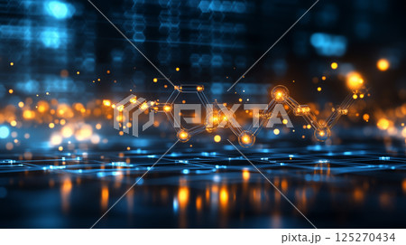 Digital molecular structure visualization with orange network nodes against blue background. Concept of futuristic technology, scientific innovation and data connectivity 125270434