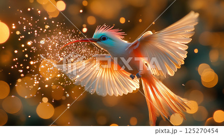 Exotic hummingbird in flight with turquoise crest and orange plumage spreading wings against bokeh background, illustrating graceful motion and natural beauty 125270454