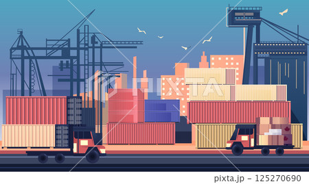 Shipping containers trade war tariffs war Canada United States port trucks cranes cityscape cargo export import logistics conflict concept Shipping containers trade war tariffs war Canada United States port trucks cranes cityscape cargo export import logistics conflict concept 125270690