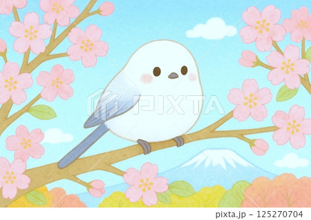満開の桜を背景に枝にとまる春のシマエナガのイラスト 満開の桜を背景に枝にとまる春のシマエナガのイラスト 125270704