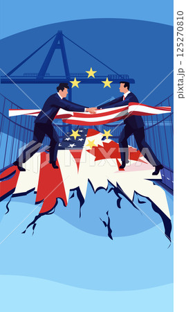 Trade war United States Canada European Union tariffs conflict businessmen shaking hands on broken bridge with country flags stars blue background 125270810
