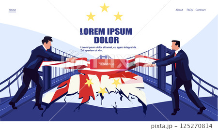 Businessmen trade war United States China European Union conflict bridge torn flags stars dramatic confrontation web banner 125270814