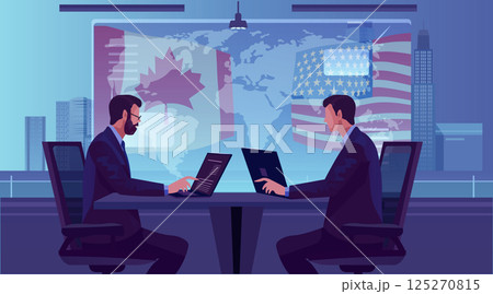 Businessmen trade war Canada United States negotiation conflict office laptops world map cityscape flags modern workspace 125270815