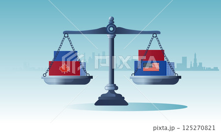 Trade war tariffs war Canada United States balance scales with shipping containers flags city skyline blue background economic conflict concept 125270821