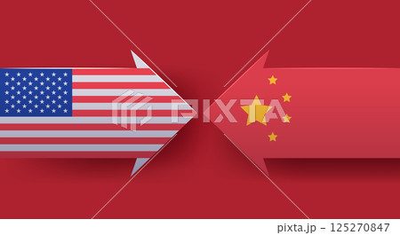 USA China trade war conflict arrows flags confrontation red background banner USA China trade war conflict arrows flags confrontation red background banner 125270847
