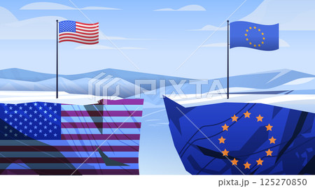 USA and European Union trade war tariffs conflict concept showing divided cracked cliffs with national flags snowy landscape blue sky 125270850