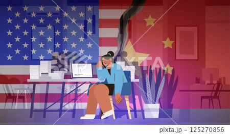 Trade war United States China businesswoman stressed office divided flags smoke workplace conflict economic tariffs war Trade war United States China businesswoman stressed office divided flags smoke workplace conflict economic tariffs war 125270856