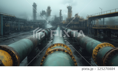 Industrial pipeline infrastructure leading to oil refinery facility with towers and processing equipment in foggy weather, showcasing energy production technology 125270884