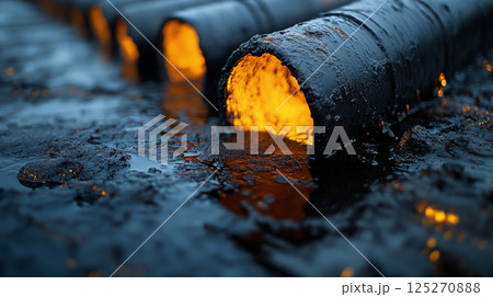 Industrial pipes glowing with molten material flowing through water puddles, manufacturing and energy production concept 125270888
