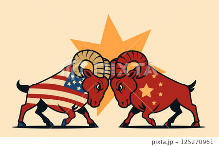 USA China trade war concept depicting two rams with national flags clashing heads against a neutral background symbolizing tariffs conflict USA China trade war concept depicting two rams with national flags clashing heads against a neutral background symbolizing tariffs conflict 125270961