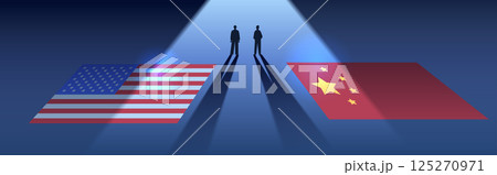 Trade war USA China flags confrontation silhouettes spotlight dark background Trade war USA China flags confrontation silhouettes spotlight dark background 125270971
