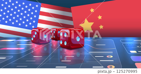 Trade war concept USA China flags dice symbolize tariffs economic tension digital background 125270995