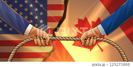Trade war USA Canada illustration showing hands gripping rope over cracked flags symbolizing conflict tension economic tariffs Trade war USA Canada illustration showing hands gripping rope over cracked flags symbolizing conflict tension economic tariffs 125271008