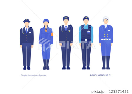 警察官と白バイ隊員と鑑識官のイラスト。若い男女のベクターイラスト素材。 警察官と白バイ隊員と鑑識官のイラスト。若い男女のベクターイラスト素材。 125271431