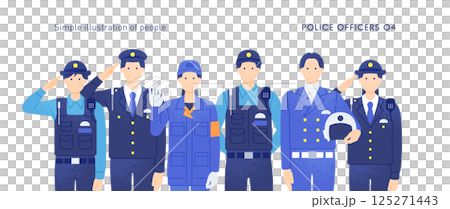 男女の警察官が集合。白バイ隊員や鑑識官など、警察で働く人々のイラストセット。 男女の警察官が集合。白バイ隊員や鑑識官など、警察で働く人々のイラストセット。 125271443
