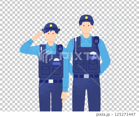 A police officer saluting in front of a police box. Vector illustration of a police officer protecting the community. A police officer saluting in front of a police box. Vector illustration of a police officer protecting the community. 125271447
