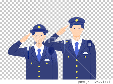 淳樸可愛的警察。一名警官敬禮的向量插圖。 125271451