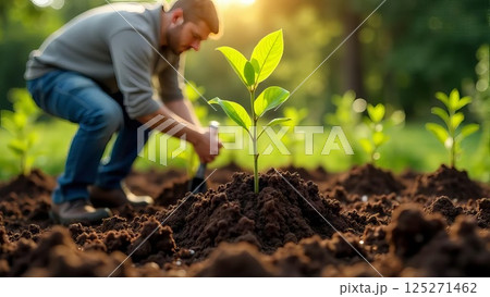 man planting a young green sapling in rich brown soil during sunset, early stages of tree cultivation in a vibrant garden with soft backlight, agriculture, sustainability, environmental care 125271462