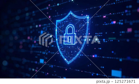 digital security shield with glowing lock icon in abstract cyberspace environment, cybersecurity data encryption, internet protection, concept of cybersecurity, it security, data privacy 125271671
