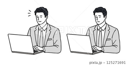 ノートパソコンで仕事をするスーツの会社員のイラスト素材セット 125271691