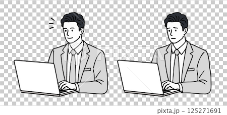 ノートパソコンで仕事をするスーツの会社員のイラスト素材セット 125271691