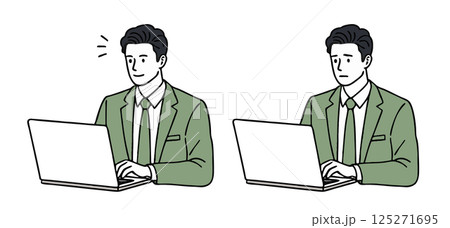 ノートパソコンで仕事をするスーツの会社員のイラスト素材セット 125271695