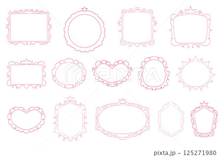 Princess cute pink frame sketch with crown swirl decorations. Simple doodle hand drawn border. Whimsical elegant vintage. 125271980