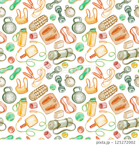Seamless Pattern with colorful sports equipment and doodle fitness elements. Watercolor illustration for active lifestyle wrapping paper or workout themed textile design. Hand drawn gym background. Seamless Pattern with colorful sports equipment and doodle fitness elements. Watercolor illustration for active lifestyle wrapping paper or workout themed textile design. Hand drawn gym background. 125272002