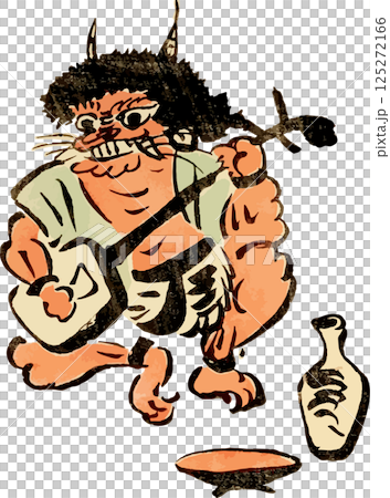 A cartoon demon playing the shamisen while drinking sake 125272166