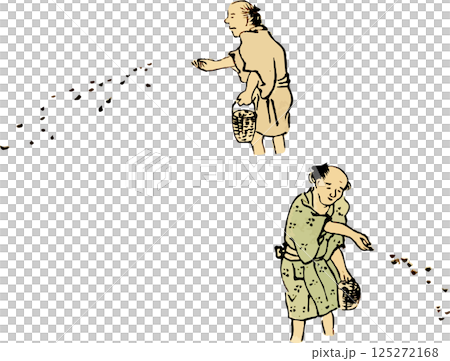 A loose illustration of men sowing rice seeds in a rice field A loose illustration of men sowing rice seeds in a rice field 125272168