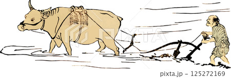 田んぼで働く牛のゆる画素材 125272169