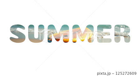 Word summer filled with beach scene and surfboard on sand with ocean waves for tropical vacation and surfing concept on white or transparent backdrop 125272609