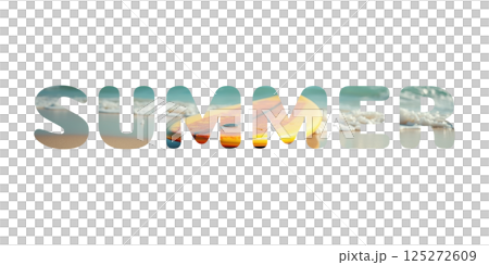 Word summer filled with beach scene and surfboard on sand with ocean waves for tropical vacation and surfing concept on white or transparent backdrop 125272609