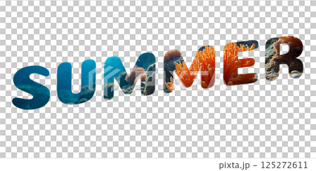 Word summer filled with underwater view of coral reef and sea life. Creative ocean-themed typography design for summer concept on white or transparent background 125272611
