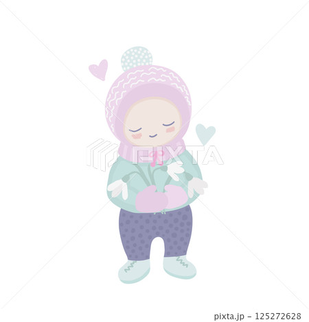 Spring illustration of a cute kid smiling and holding snowdrops Spring illustration of a cute kid smiling and holding snowdrops 125272628