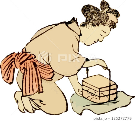 お弁当の包みを広げる女性のゆる画素材 125272779