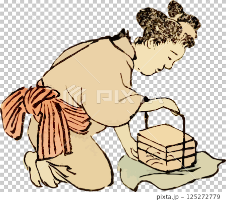 お弁当の包みを広げる女性のゆる画素材 125272779