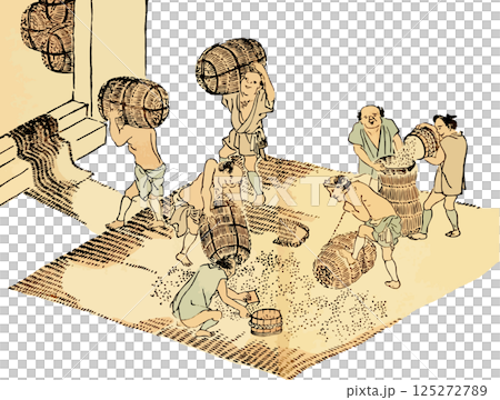 一幅描繪男人們在倉庫裡儲存大米的插圖 125272789