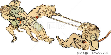 首引きをする鬼と武将のゆる画素材 125272790